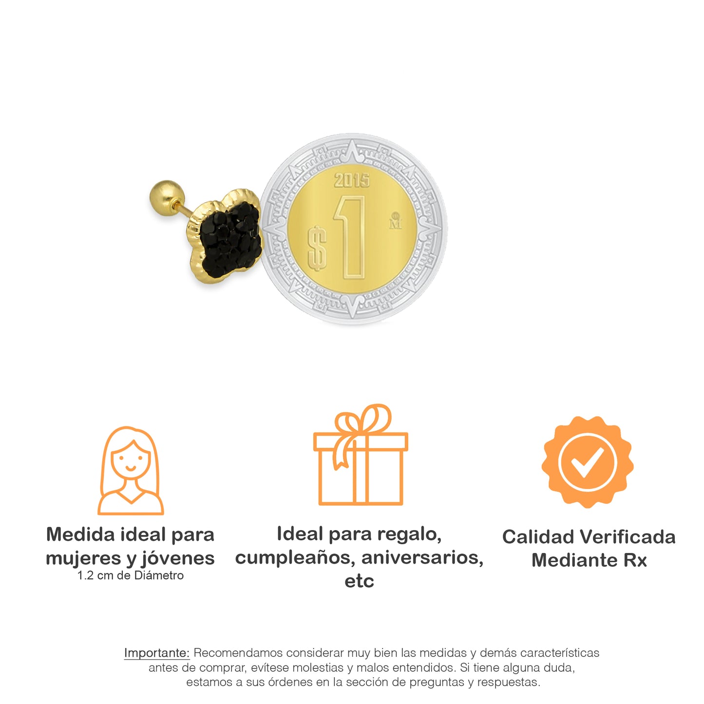 LPAUBR101 Aretes Broquel Oro Sólido 10K Trébol Cubierto de Cristales Negro 8 mm 772