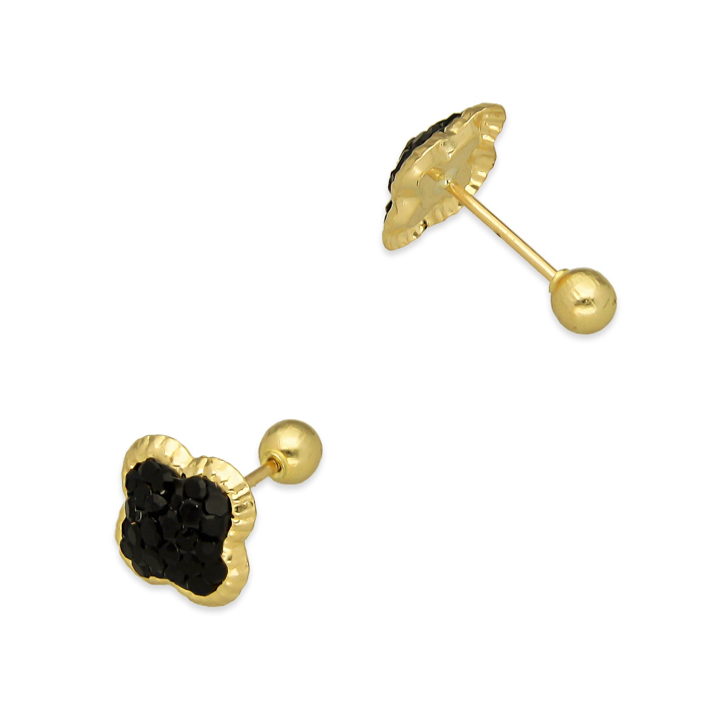 LPAUBR101 Aretes Broquel Oro Sólido 10K Trébol Cubierto de Cristales Negro 8 mm 772