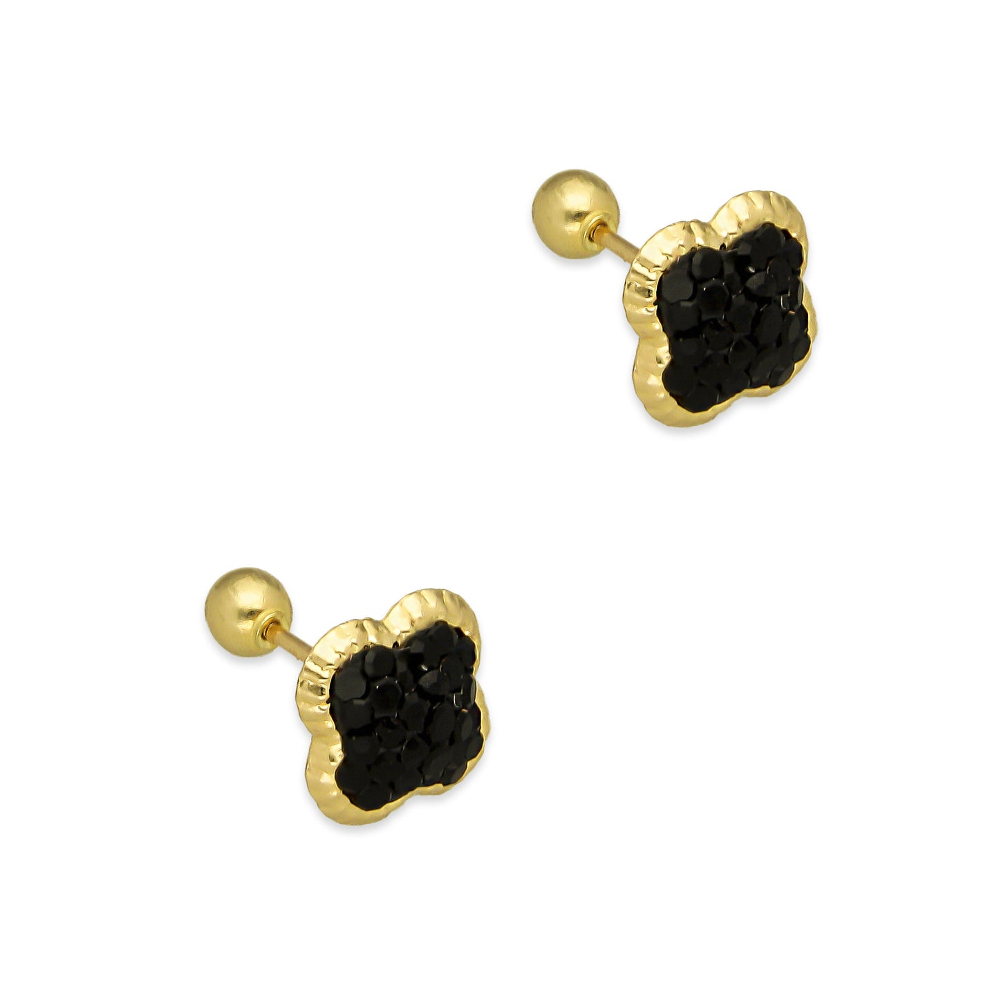 LPAUBR101 Aretes Broquel Oro Sólido 10K Trébol Cubierto de Cristales Negro 8 mm 772
