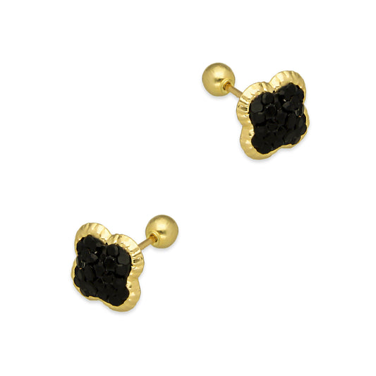 LPAUBR101 Aretes Broquel Oro Sólido 10K Trébol Cubierto de Cristales Negro 8 mm 772