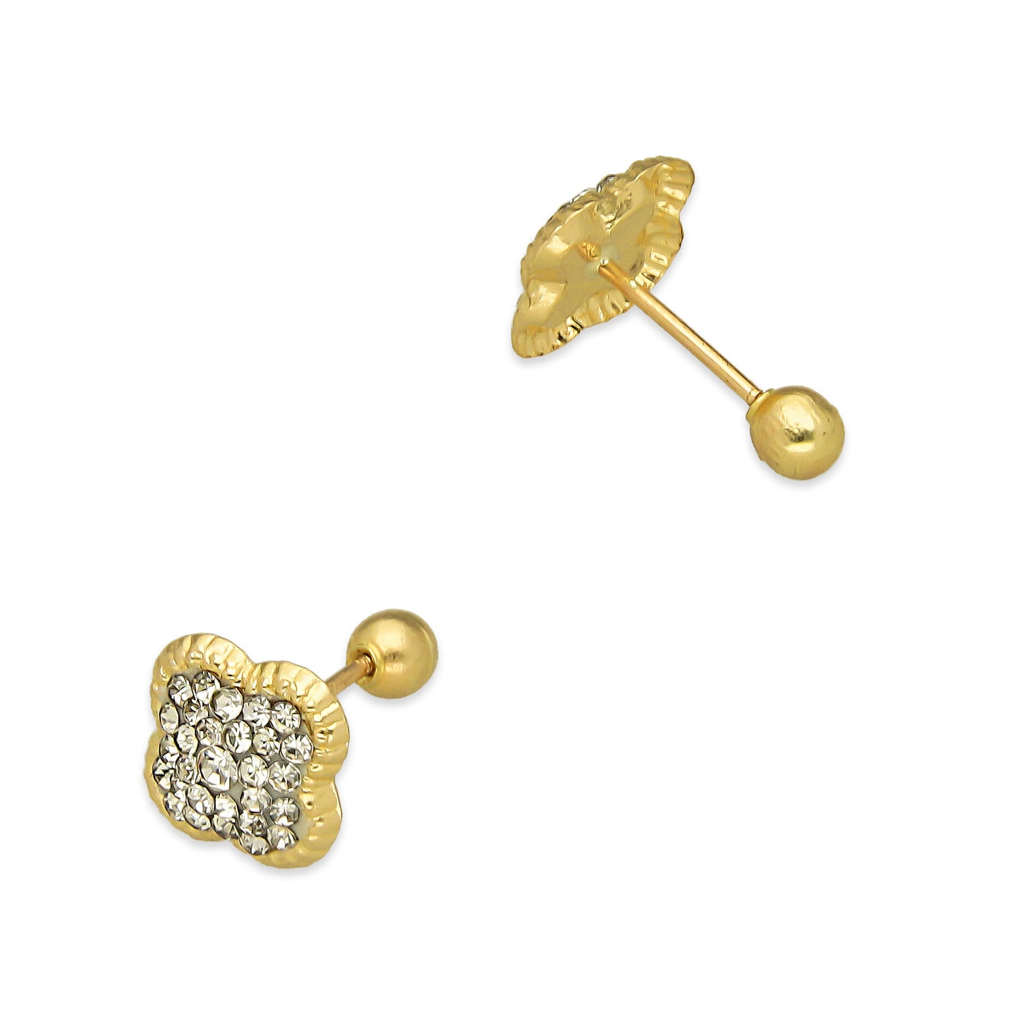 LPAUBR102 Aretes Broquel Oro Sólido 10K Trébol Cubierto de Cristales Blanco 8 mm 772