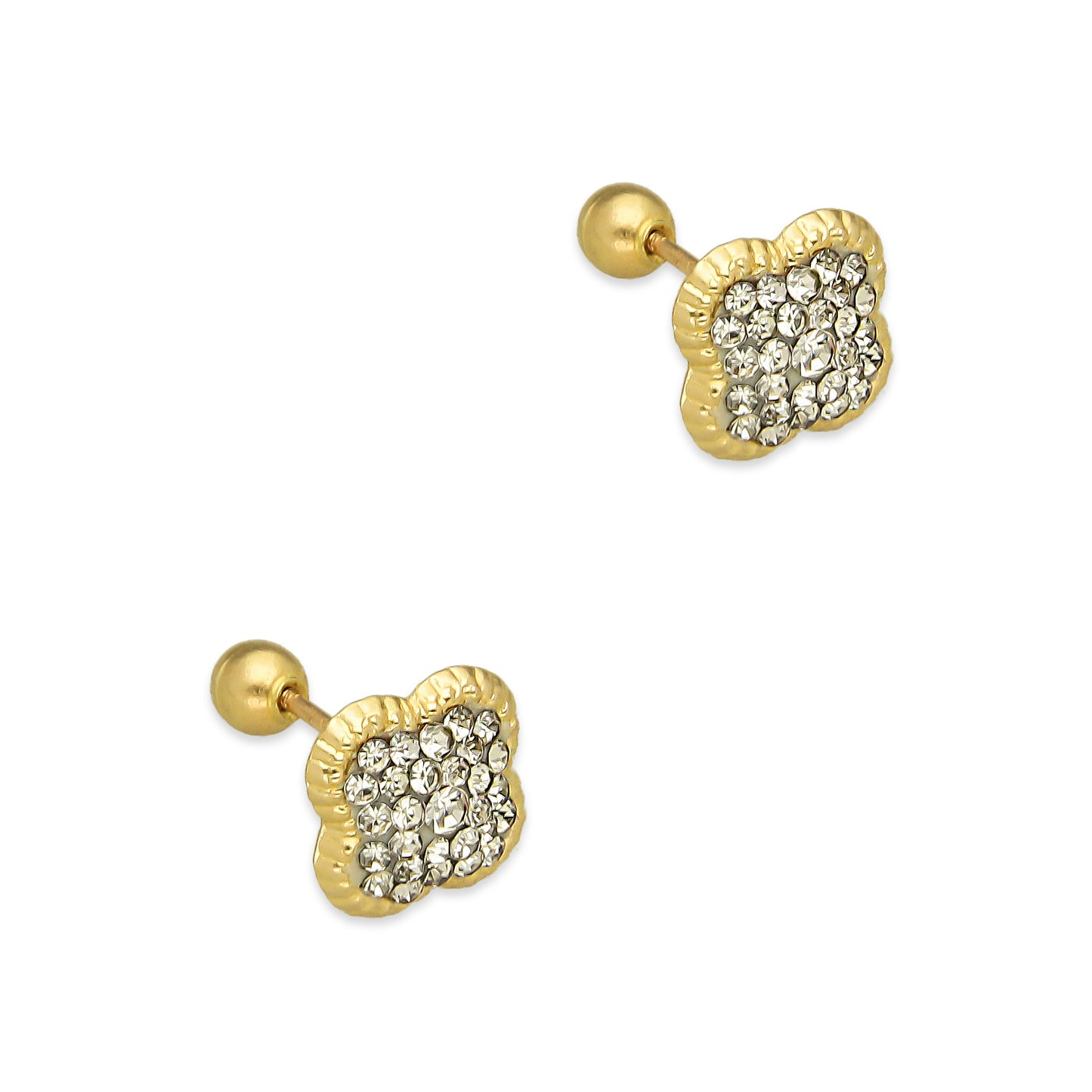 LPAUBR102 Aretes Broquel Oro Sólido 10K Trébol Cubierto de Cristales Blanco 8 mm 772