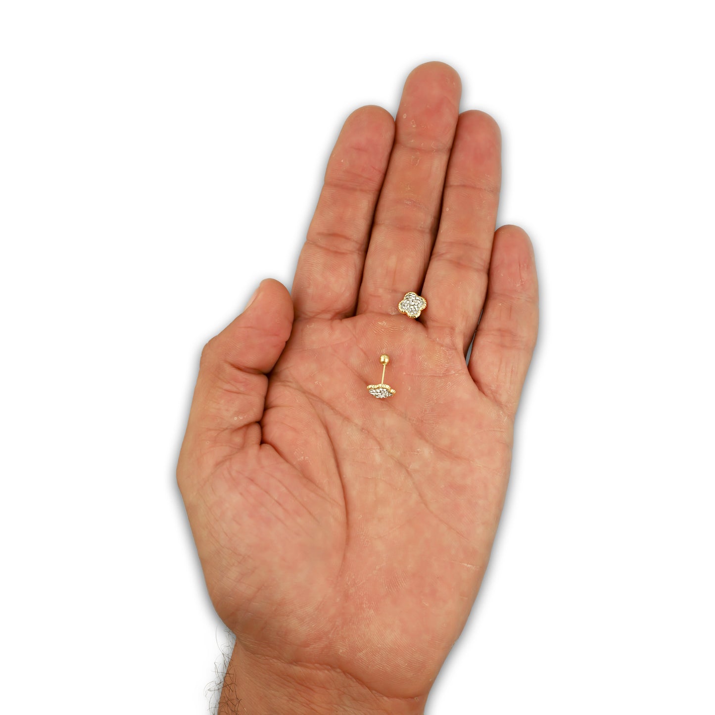 LPAUBR102 Aretes Broquel Oro Sólido 10K Trébol Cubierto de Cristales Blanco 8 mm 772