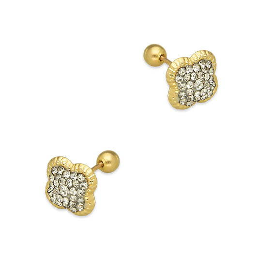 LPAUBR102 Aretes Broquel Oro Sólido 10K Trébol Cubierto de Cristales Blanco 8 mm 772