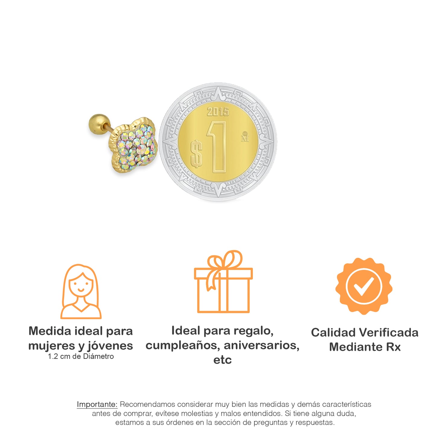 LPAUBR103 Aretes Broquel Oro Sólido 10K Trébol Cubierto de Cristales Tornasol 8 mm 772