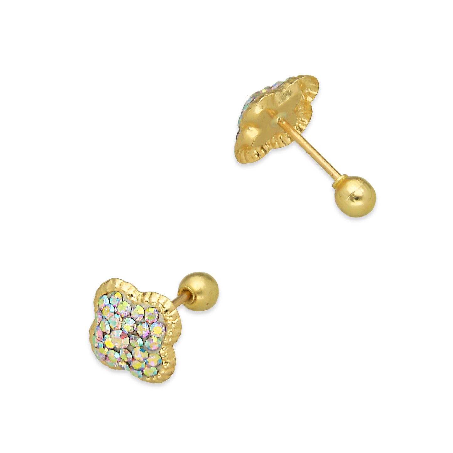 LPAUBR103 Aretes Broquel Oro Sólido 10K Trébol Cubierto de Cristales Tornasol 8 mm 772
