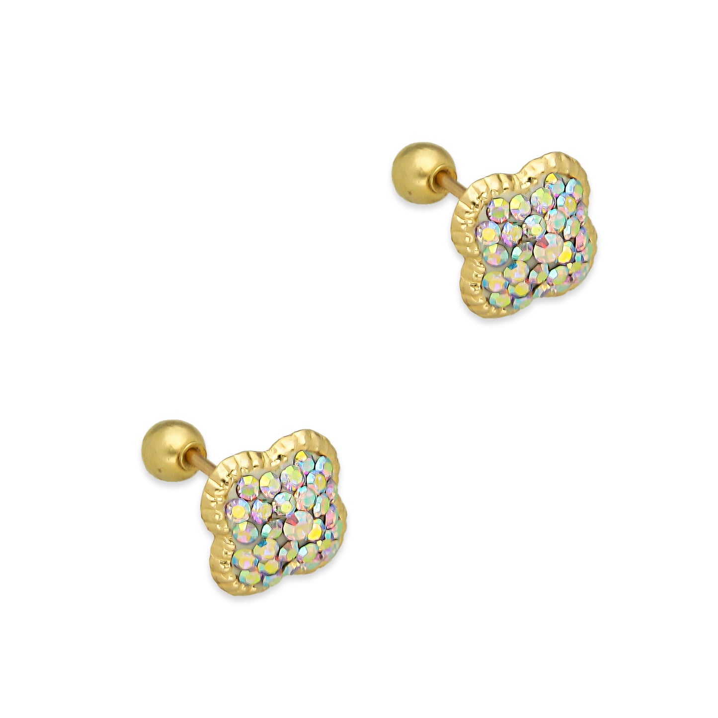 LPAUBR103 Aretes Broquel Oro Sólido 10K Trébol Cubierto de Cristales Tornasol 8 mm 772