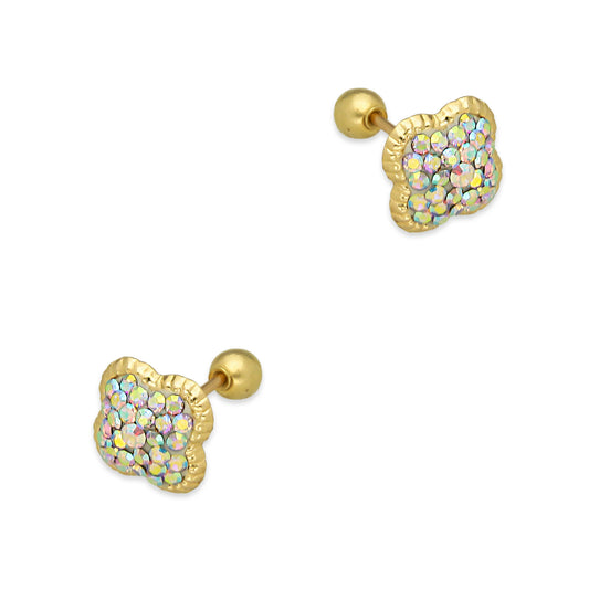 LPAUBR103 Aretes Broquel Oro Sólido 10K Trébol Cubierto de Cristales Tornasol 8 mm 772