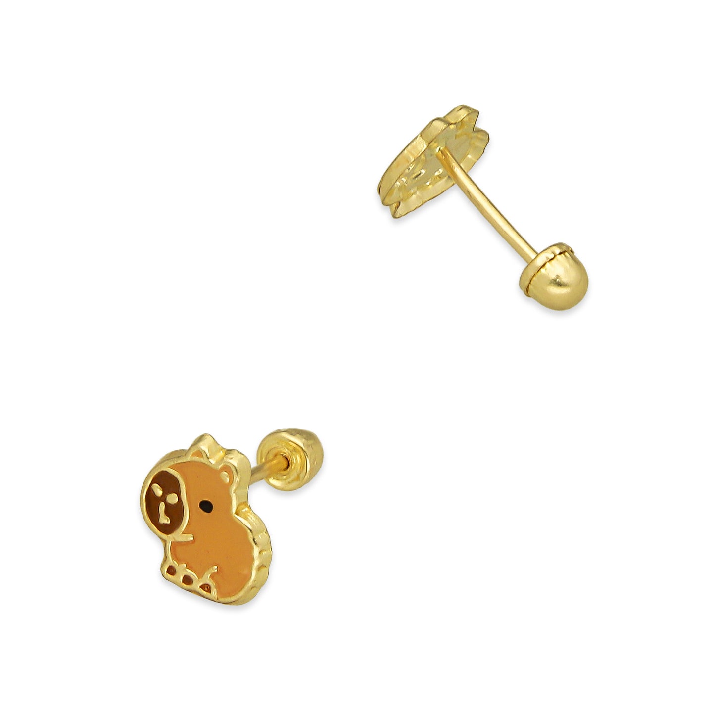 LPAUBR104 Aretes Broquel Oro Sólido 10K Capibara Esmaltado 7 mm 779