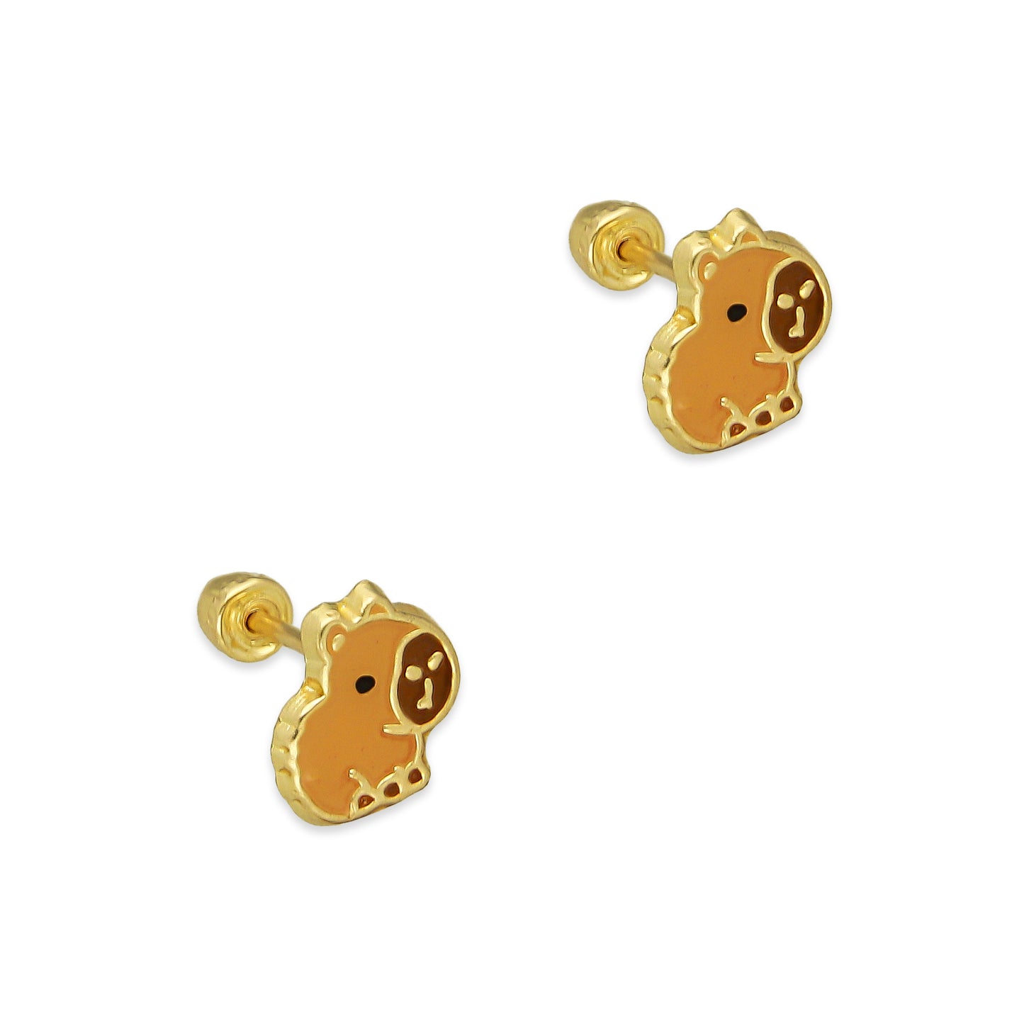 LPAUBR104 Aretes Broquel Oro Sólido 10K Capibara Esmaltado 7 mm 779
