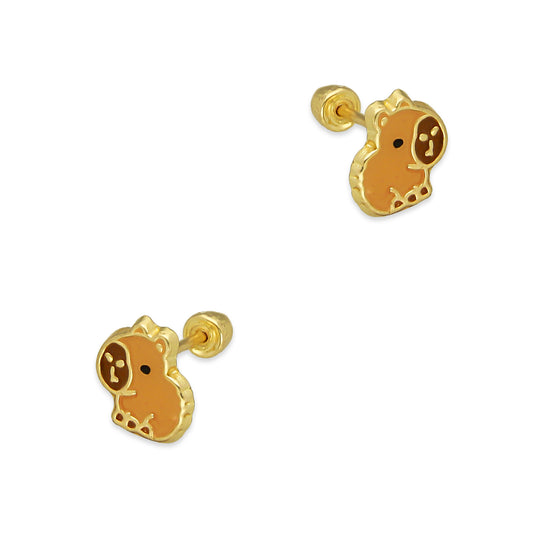 LPAUBR104 Aretes Broquel Oro Sólido 10K Capibara Esmaltado 7 mm 779