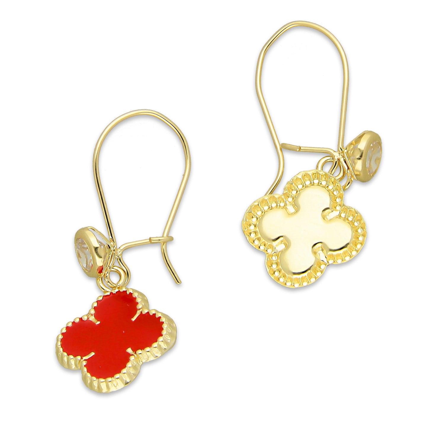 LPAUBR105 Aretes Broquel Arillo Oro Sólido 10K Trébol Esmaltado Rojo 1 cm 5067