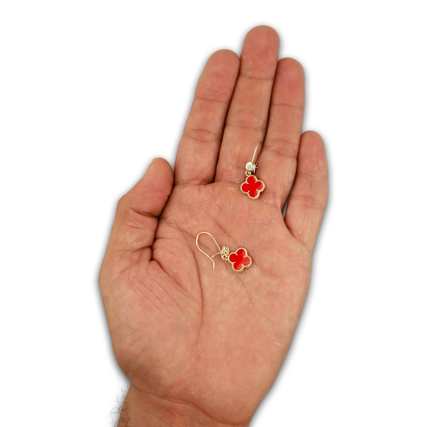LPAUBR105 Aretes Broquel Arillo Oro Sólido 10K Trébol Esmaltado Rojo 1 cm 5067