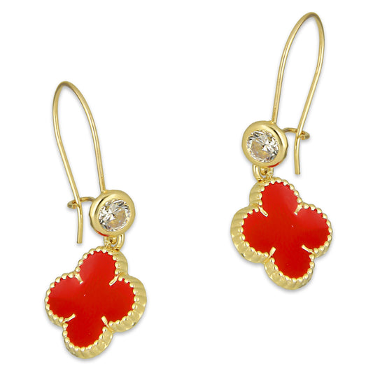 LPAUBR105 Aretes Broquel Arillo Oro Sólido 10K Trébol Esmaltado Rojo 1 cm 5067