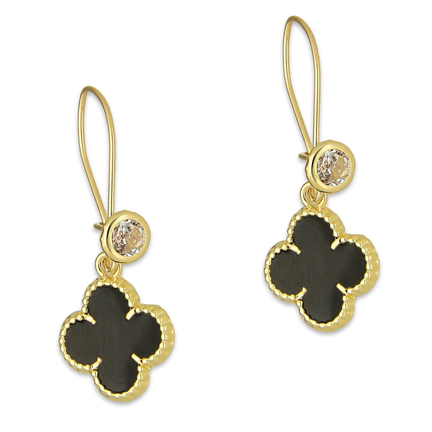 LPAUBR106 Aretes Broquel Arillo Oro Sólido 10K Trébol Esmaltado Negro 1 cm 5067