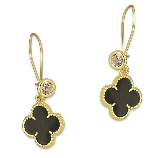 LPAUBR106 Aretes Broquel Arillo Oro Sólido 10K Trébol Esmaltado Negro 1 cm 5067