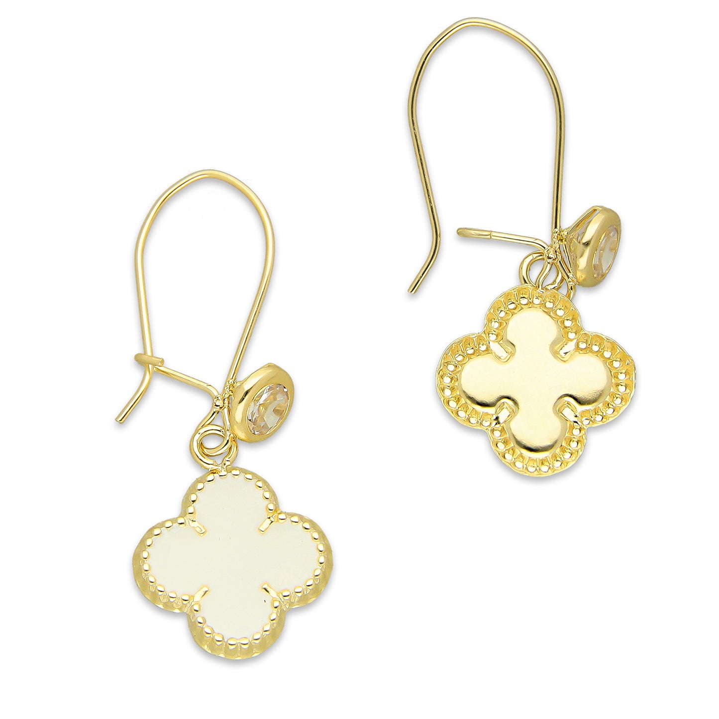 LPAUBR107 Aretes Broquel Arillo Oro Sólido 10K Trébol Esmaltado Blanco 1 cm 5067