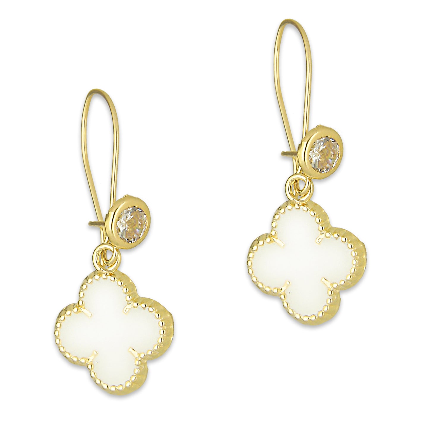 LPAUBR107 Aretes Broquel Arillo Oro Sólido 10K Trébol Esmaltado Blanco 1 cm 5067