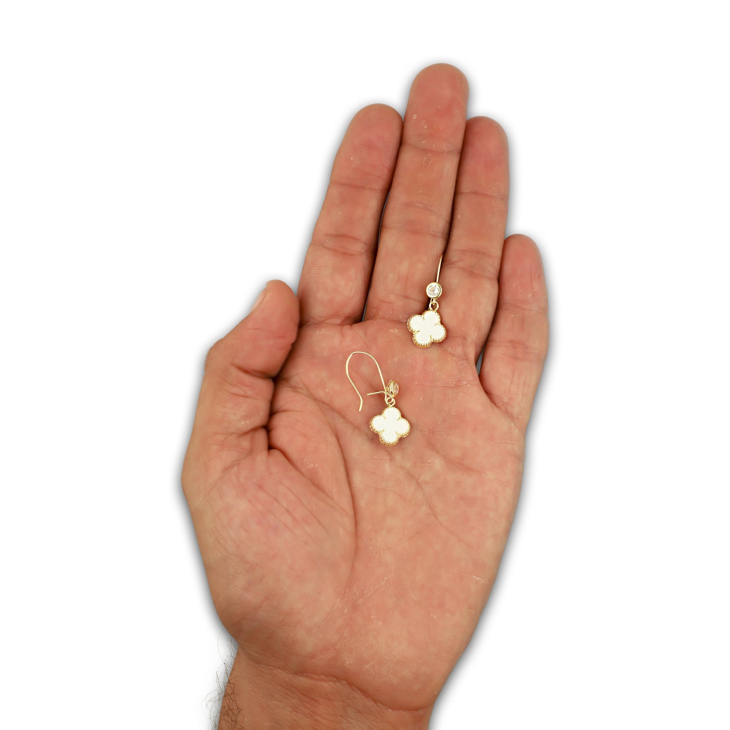 LPAUBR107 Aretes Broquel Arillo Oro Sólido 10K Trébol Esmaltado Blanco 1 cm 5067