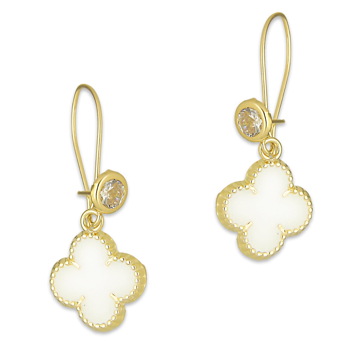 LPAUBR107 Aretes Broquel Arillo Oro Sólido 10K Trébol Esmaltado Blanco 1 cm 5067