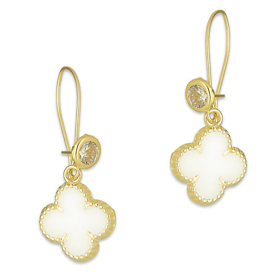 LPAUBR107 Aretes Broquel Arillo Oro Sólido 10K Trébol Esmaltado Blanco 1 cm 5067