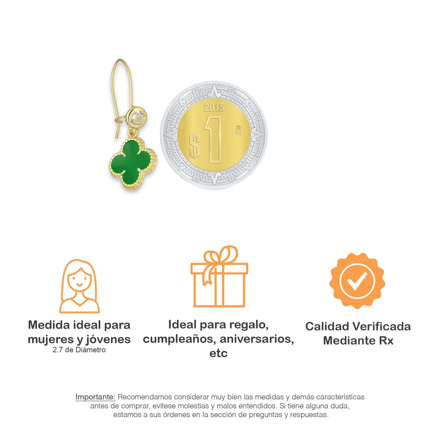 LPAUBR108 Aretes Broquel Arillo Oro Sólido 10K Trébol Esmaltado Verde 1 cm 5067