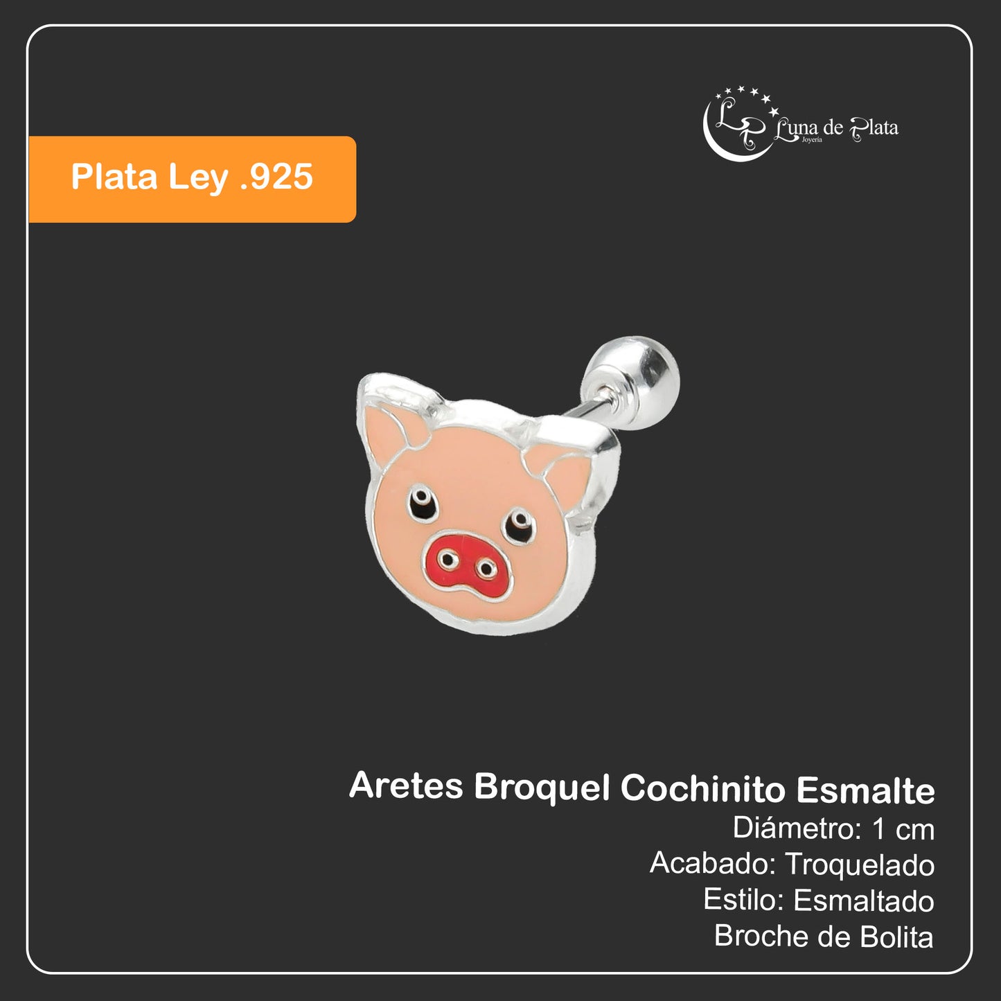 LPBR022 Aretes Broquel Plata Mod Cochinito Esmalte Plata .925 Taxco MLM869083256