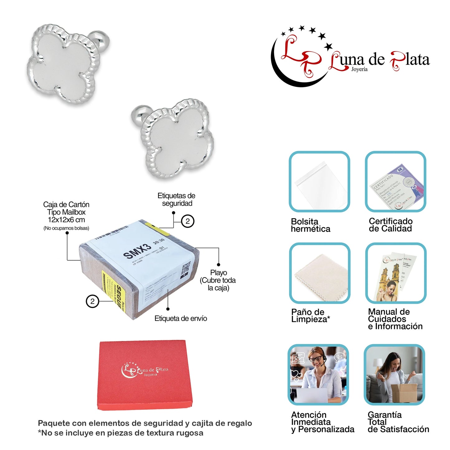 LPBR094 Arete Broquel Trébol Blanco Esmalte 11 mm en Plata .925 Taxco