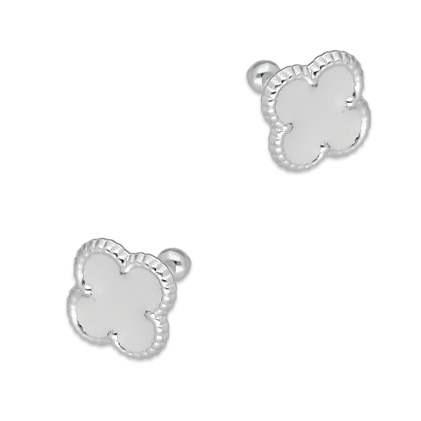 LPBR094 Arete Broquel Trébol Blanco Esmalte 11 mm en Plata .925 Taxco