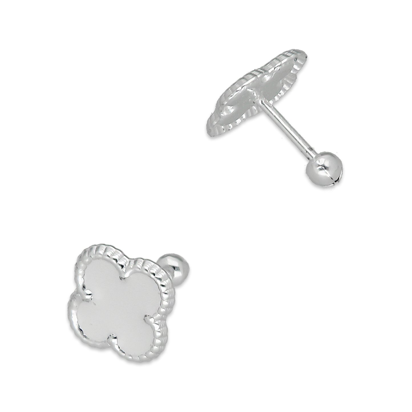 LPBR094 Arete Broquel Trébol Blanco Esmalte 11 mm en Plata .925 Taxco