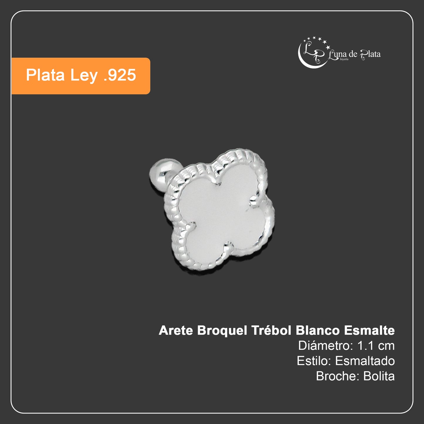 LPBR094 Arete Broquel Trébol Blanco Esmalte 11 mm en Plata .925 Taxco