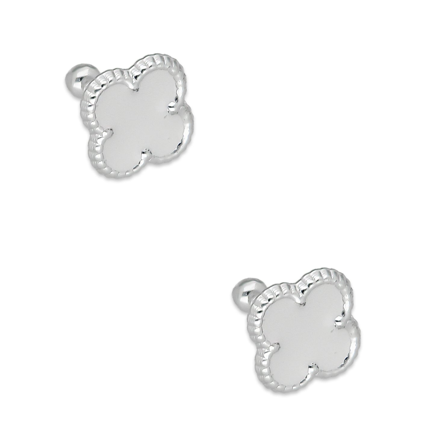 LPBR094 Arete Broquel Trébol Blanco Esmalte 11 mm en Plata .925 Taxco