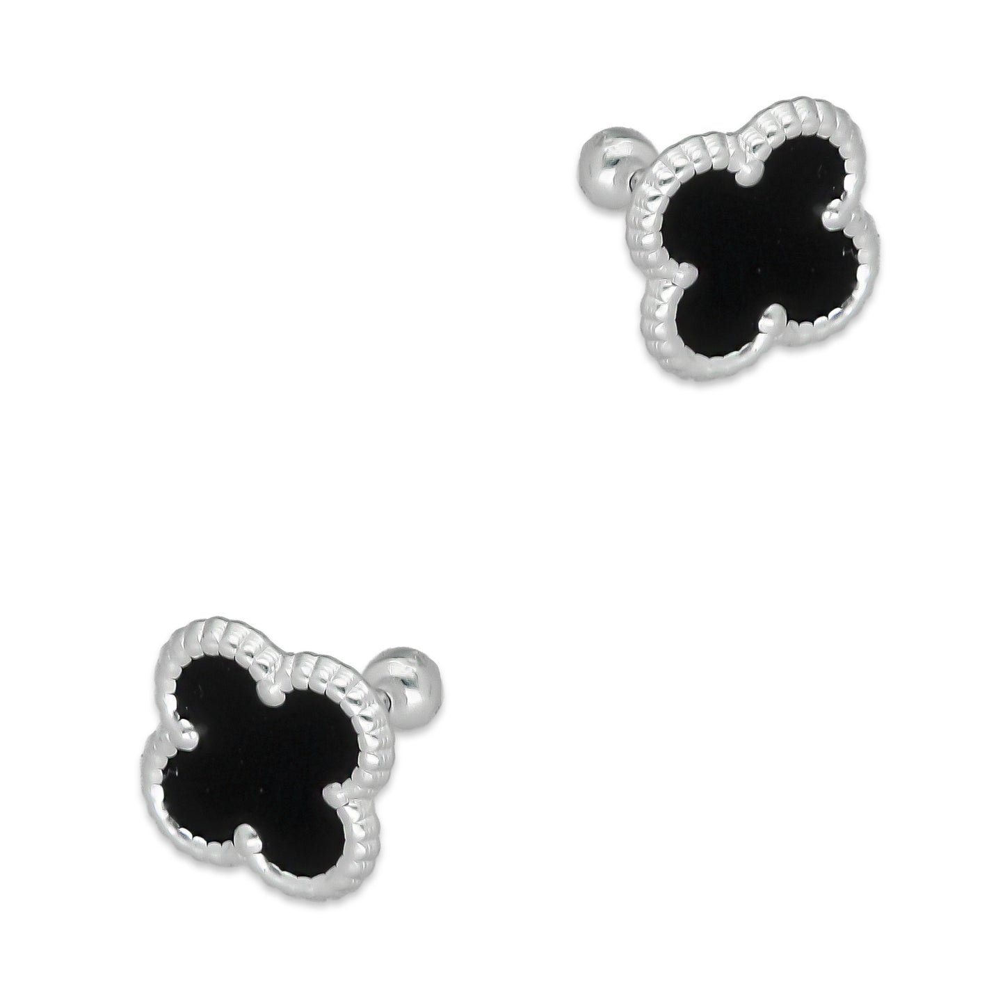 LPBR095 Arete Broquel Trébol Negro Esmalte 11 mm en Plata .925 Taxco