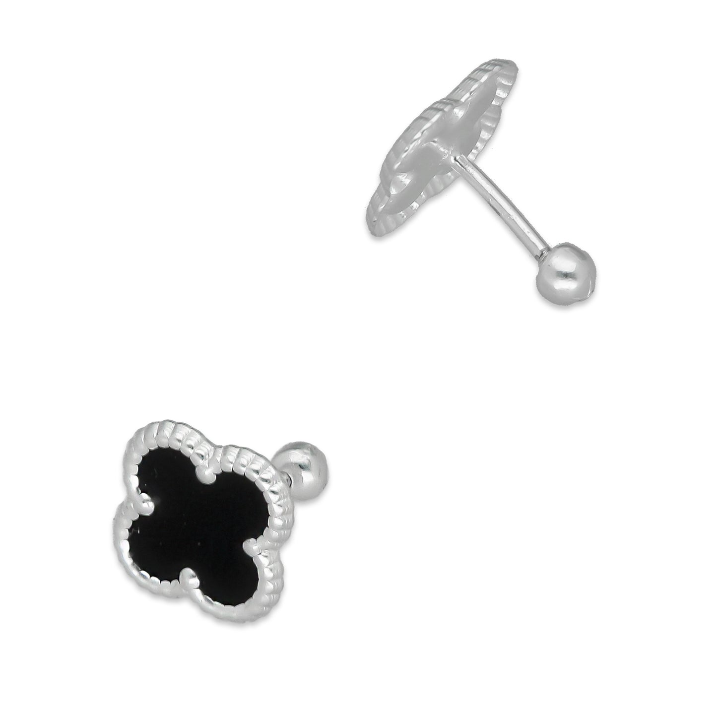 LPBR095 Arete Broquel Trébol Negro Esmalte 11 mm en Plata .925 Taxco