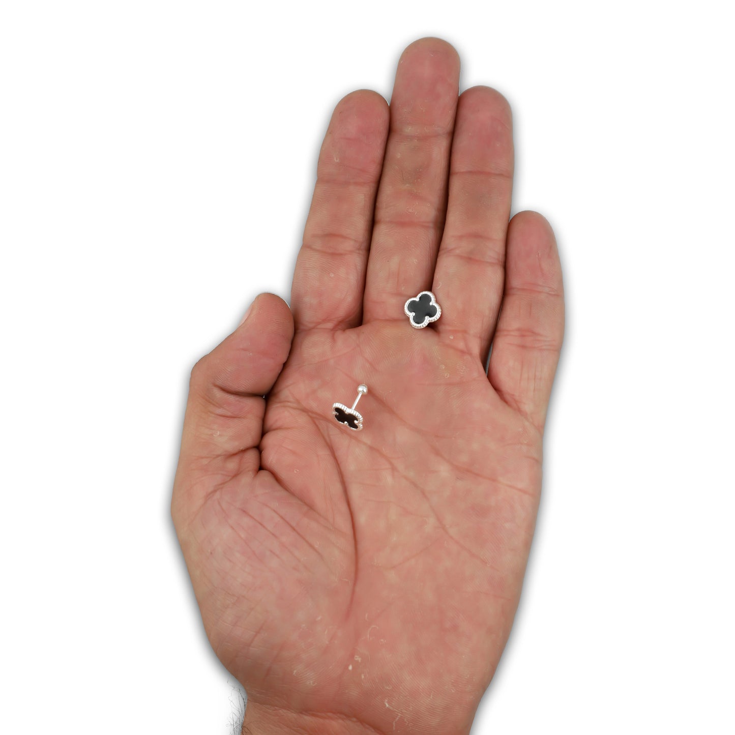 LPBR095 Arete Broquel Trébol Negro Esmalte 11 mm en Plata .925 Taxco