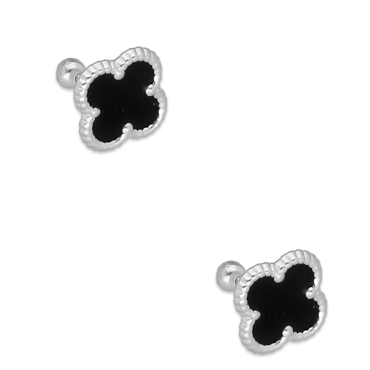 LPBR095 Arete Broquel Trébol Negro Esmalte 11 mm en Plata .925 Taxco