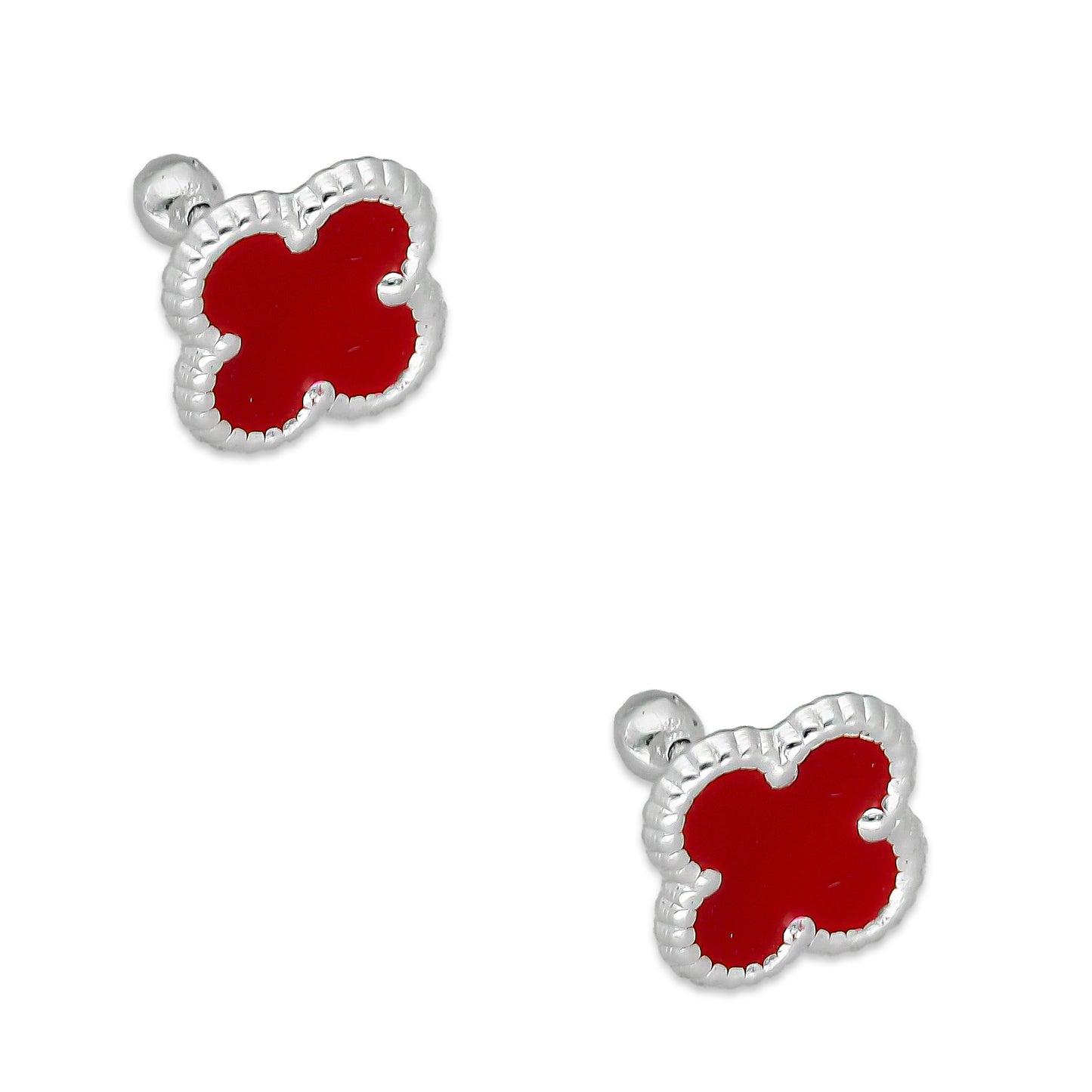 LPBR096 Arete Broquel Trébol Rojo Esmalte 11 mm en Plata .925 Taxco