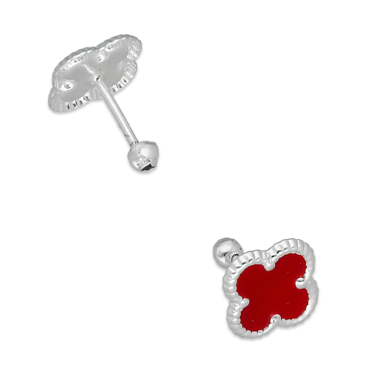 LPBR096 Arete Broquel Trébol Rojo Esmalte 11 mm en Plata .925 Taxco