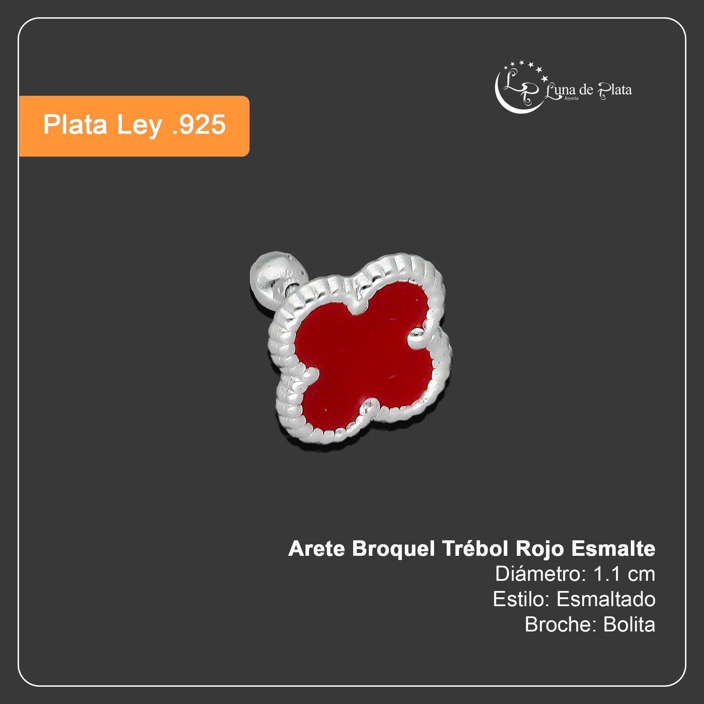 LPBR096 Arete Broquel Trébol Rojo Esmalte 11 mm en Plata .925 Taxco