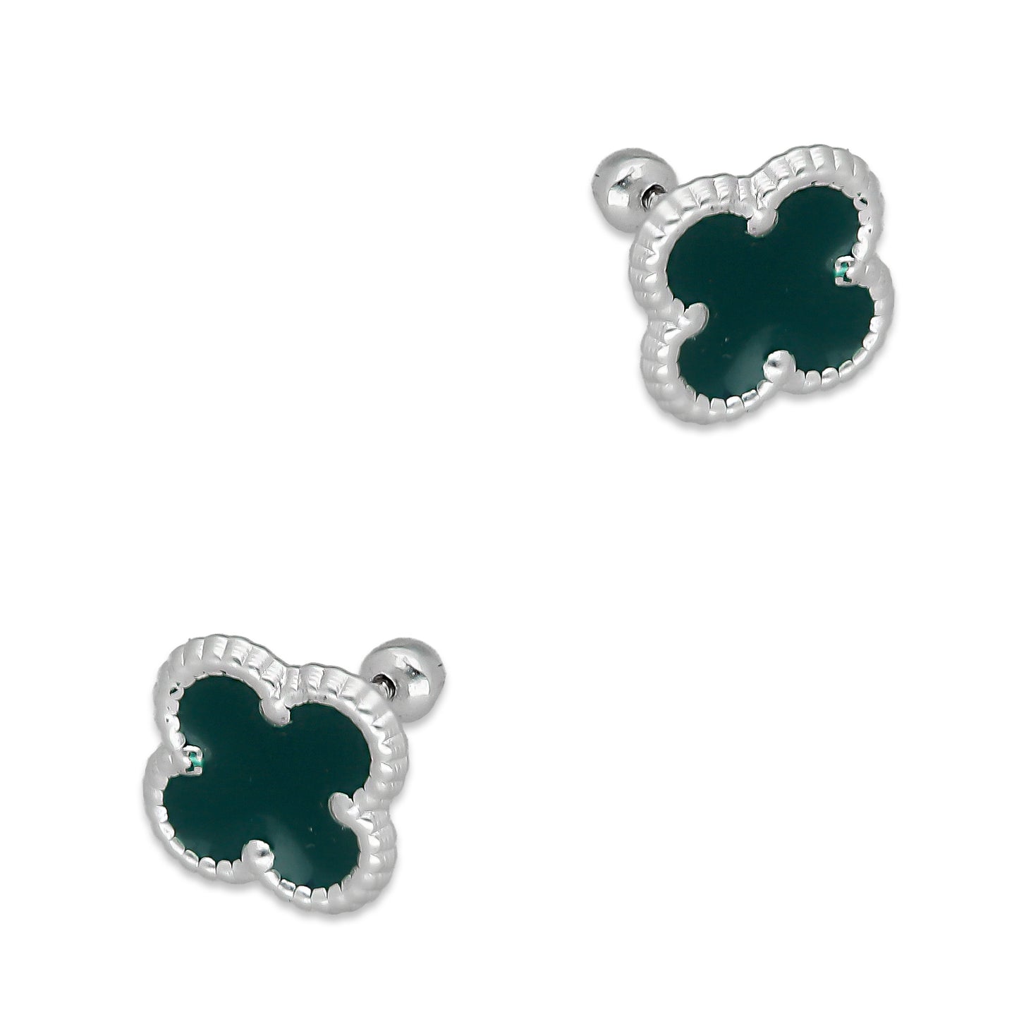LPBR097 Arete Broquel Trébol Verde Esmalte 11 mm en Plata .925 Taxco