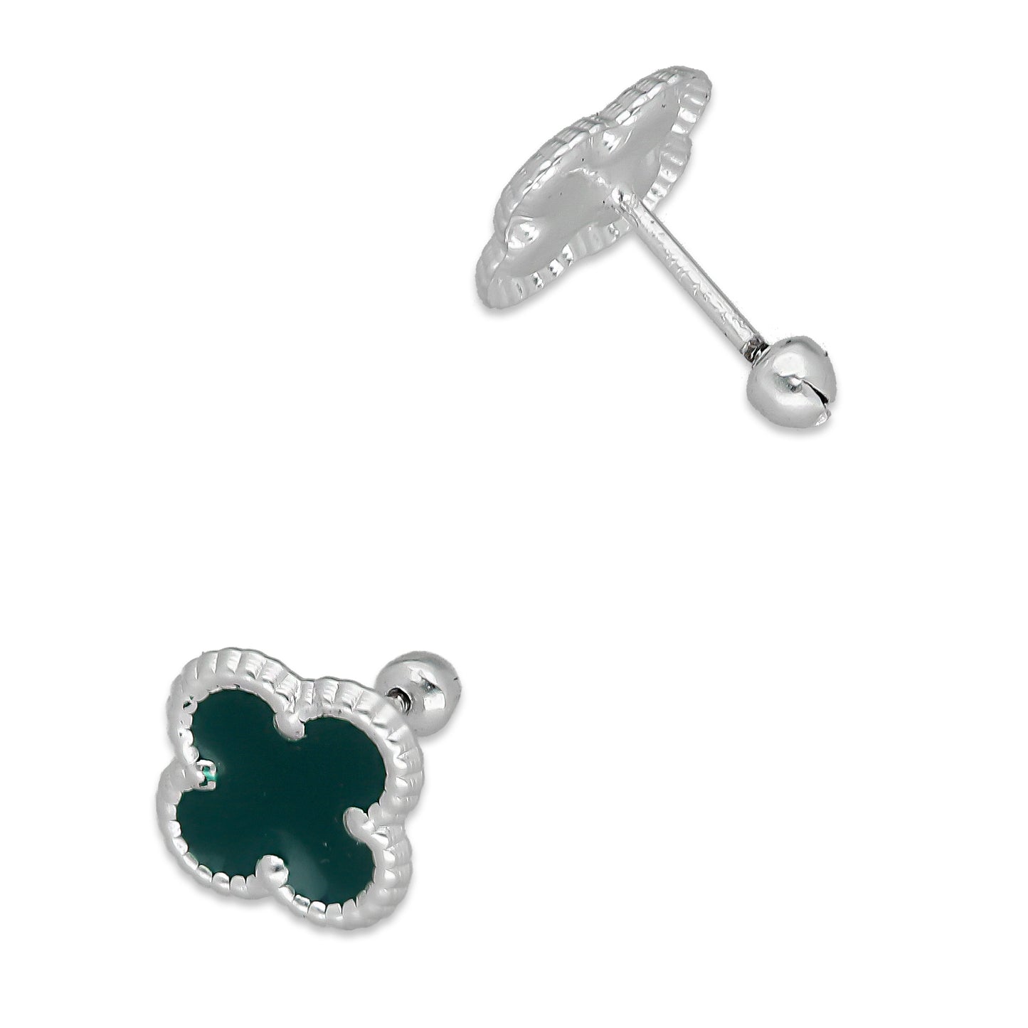 LPBR097 Arete Broquel Trébol Verde Esmalte 11 mm en Plata .925 Taxco