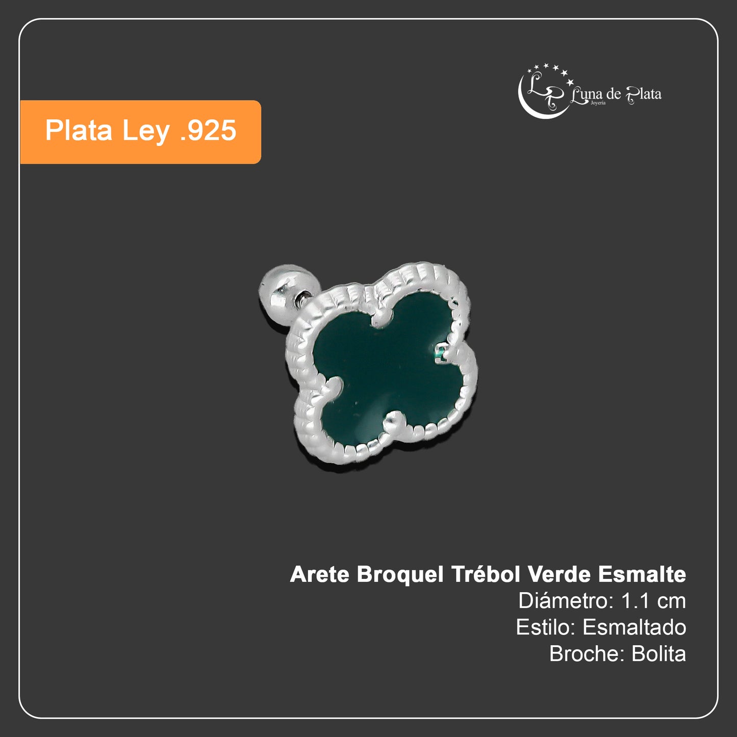 LPBR097 Arete Broquel Trébol Verde Esmalte 11 mm en Plata .925 Taxco