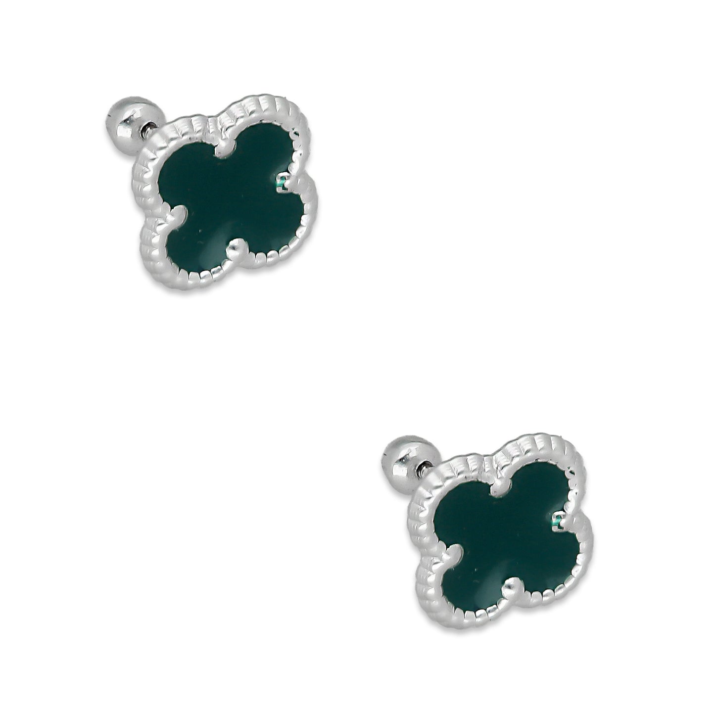 LPBR097 Arete Broquel Trébol Verde Esmalte 11 mm en Plata .925 Taxco