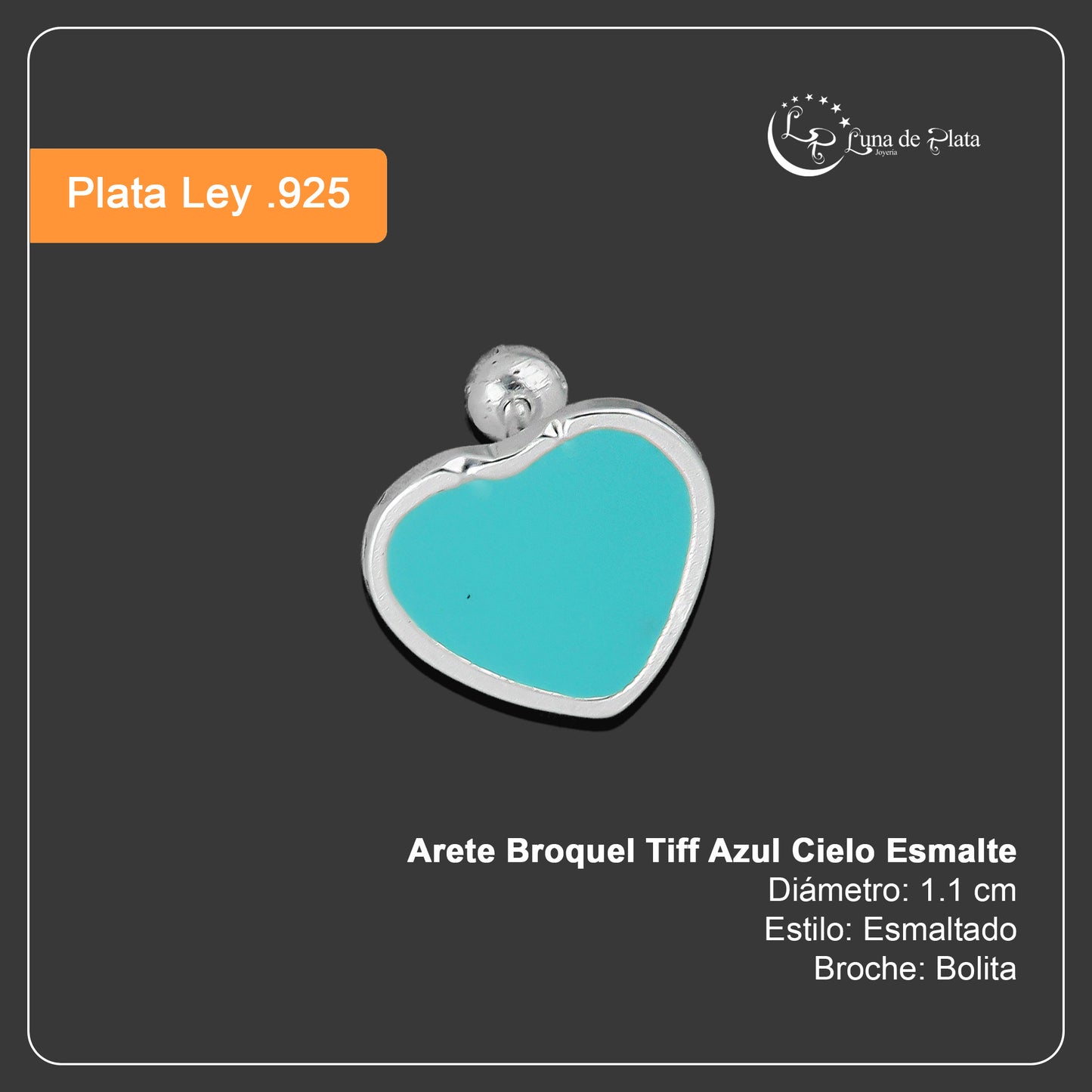 LPBR098 Arete Broquel Tiff Azul Cielo Esmalte 11 mm en Plata .925 Taxco