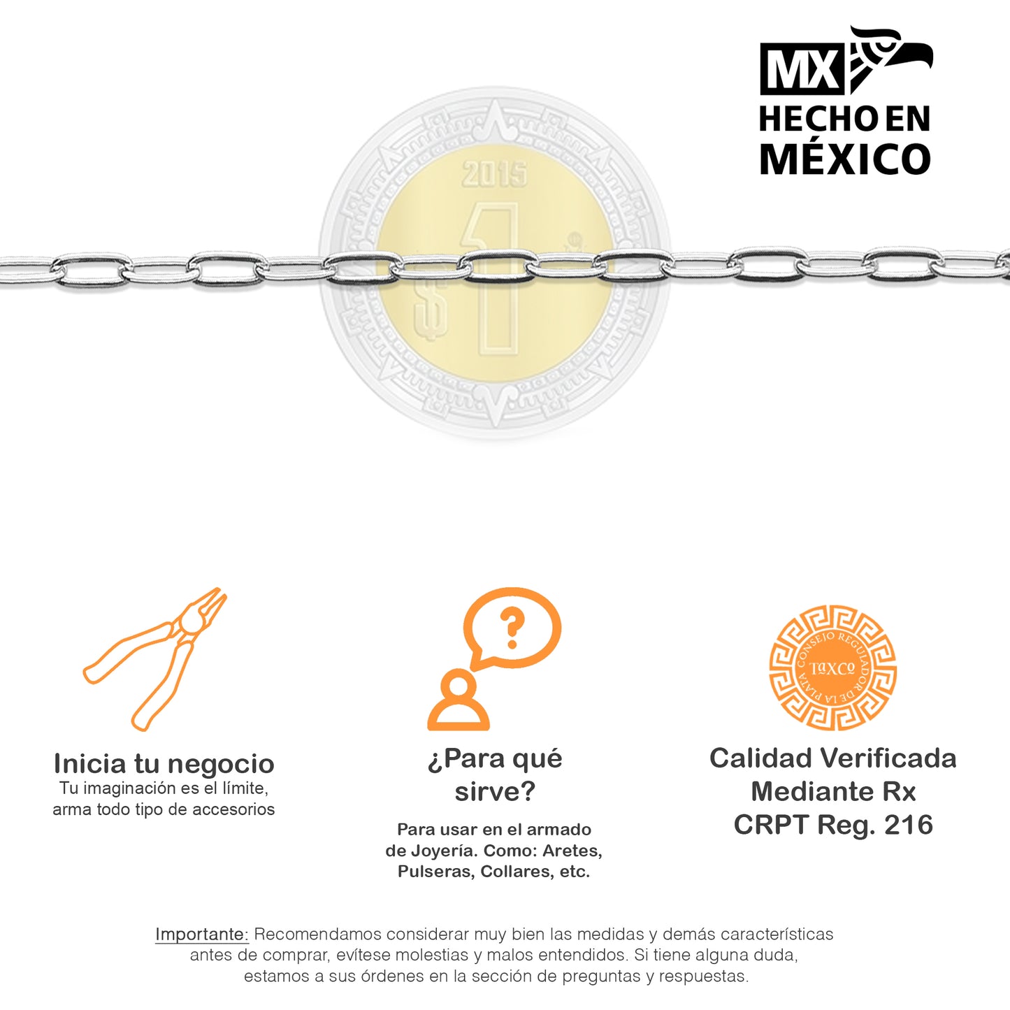 LPCAD004 Cadena x metro Rec Inglés 2 mm Para Armar Plata .925 2036277703