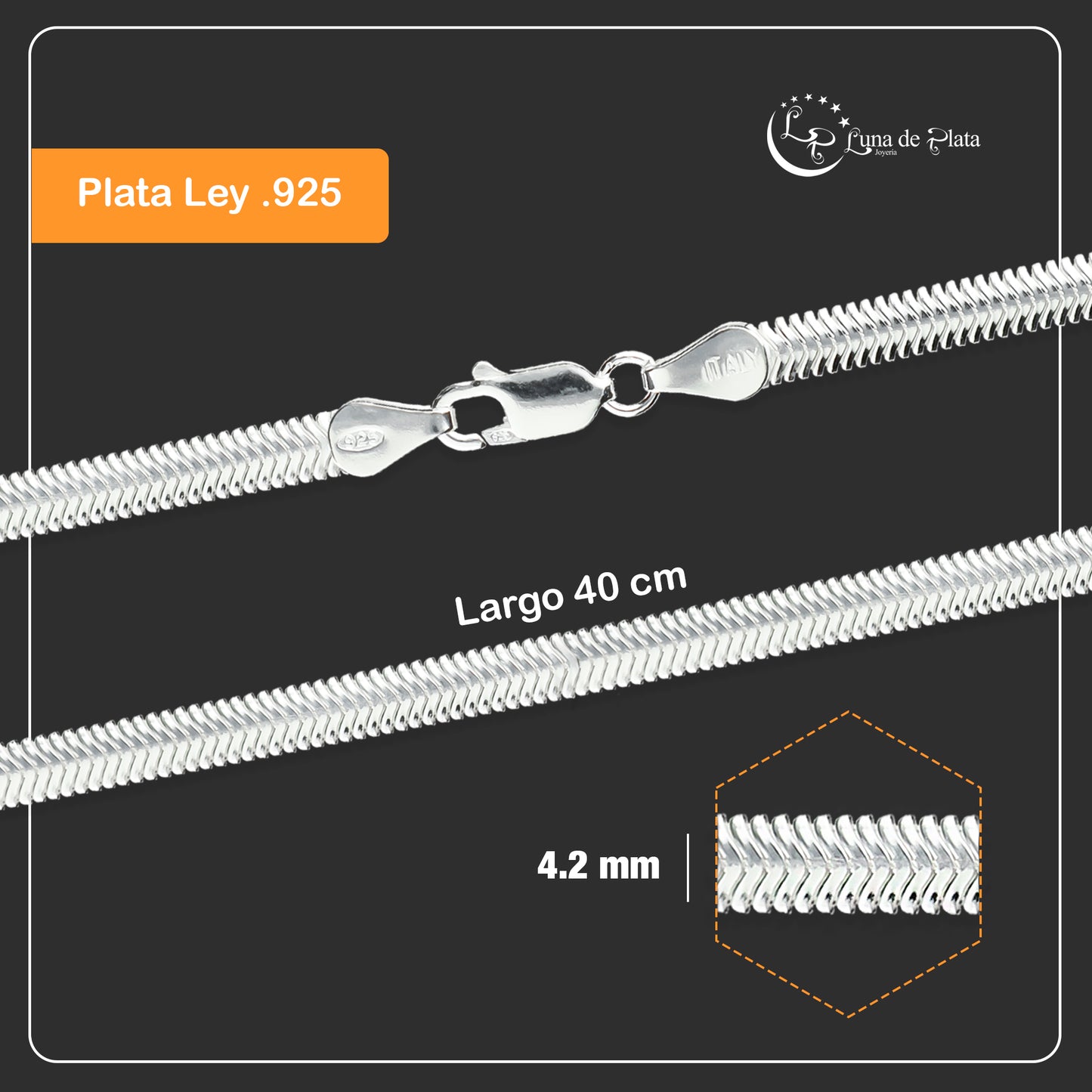 LPCU042-40 Cadena Collar Panza de Víbora 4.2 mm x 40 cm Plata Fina .925 2385624556