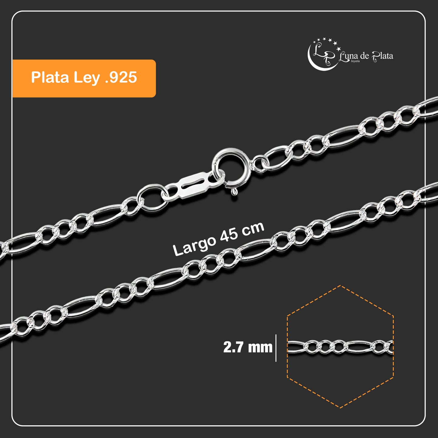 LPCU057-45 Cadena Fígaro 3 Por 1 De 2.7 Mm X 45 Cm Plata .925 Taxco 3344305844