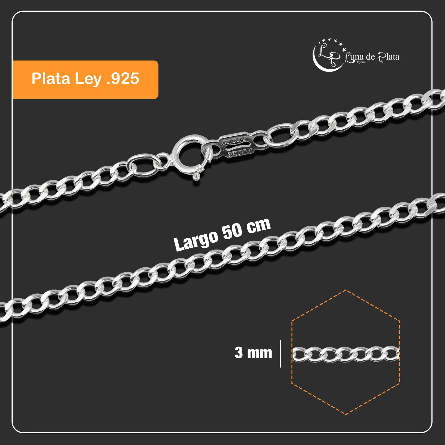 LPCU068-50 Cadena Figaro 1x0 de 3 mm x 50 cm Plata .925 3990854770