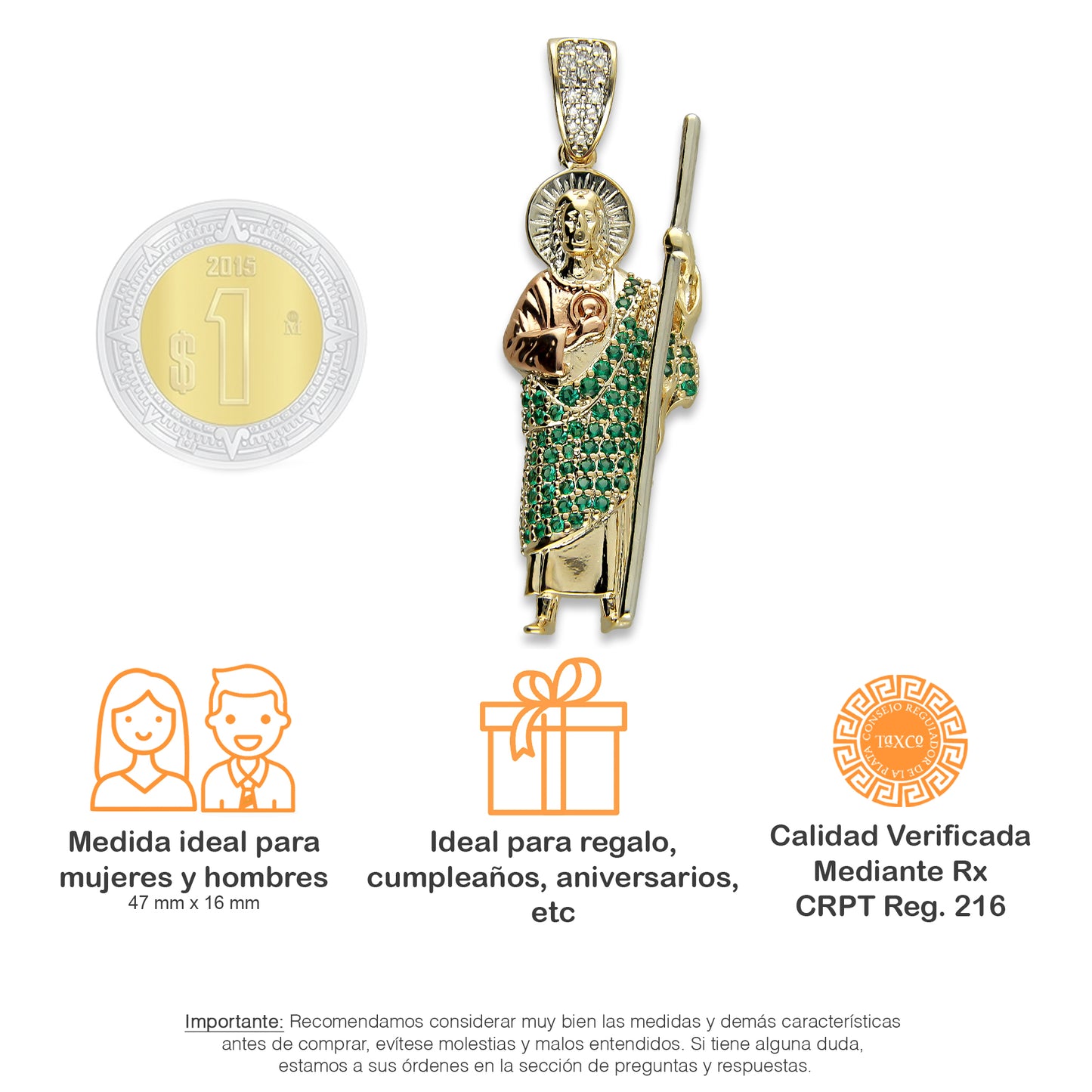 LPDG009 Dije San Judas con Zirconias Premium Verde Oro Laminado 18 K 3344033234