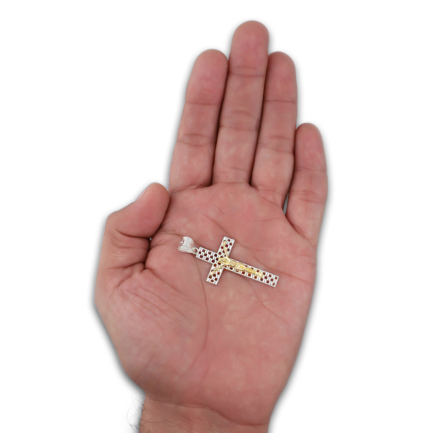 LPDJ298 Dije Crucifijo Cuadricula Cristo Dorado 2.1 cm x 4.6 cm en Plata .925 2689366947